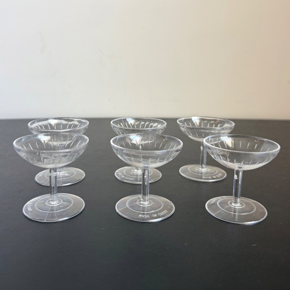 Miniature Champagne Coupe Glasses 6pc Set Clear Plastic Ribbed Detail